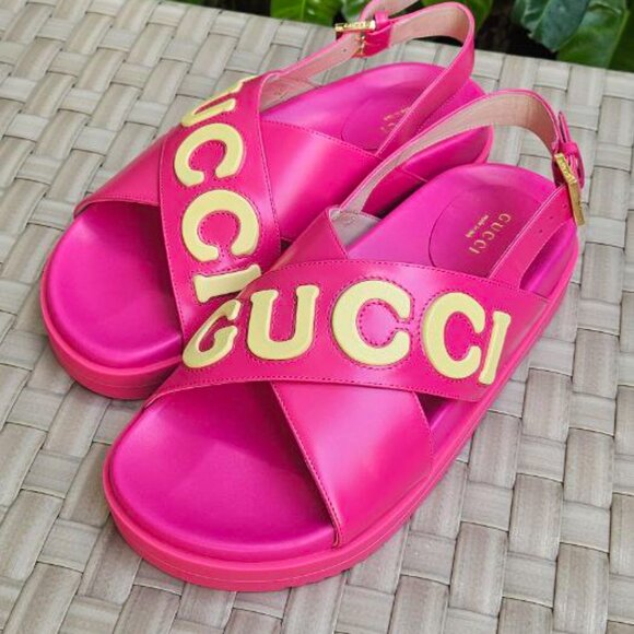 Gucci  Calfskin Elizabeth Nappa Charlotte Logo Slingback Sandals 38 Fancy Fuchs - Picture 10 of 15